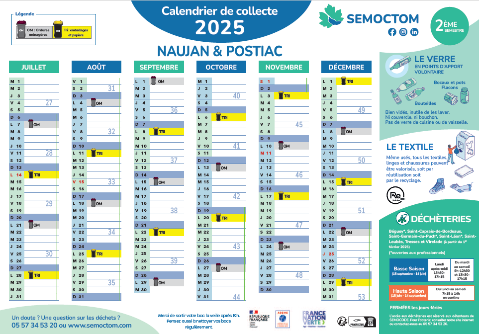 Cette image est le calendrier de collecte 2025 (1er semestre) pour la commune de Naujan & Postiac, fourni par le SEMOCTOM (Syndicat mixte de collecte des déchets). Il présente les jours de collecte des ordures ménagères (OM) et du tri (emballages et papiers) de janvier à juin 2025.